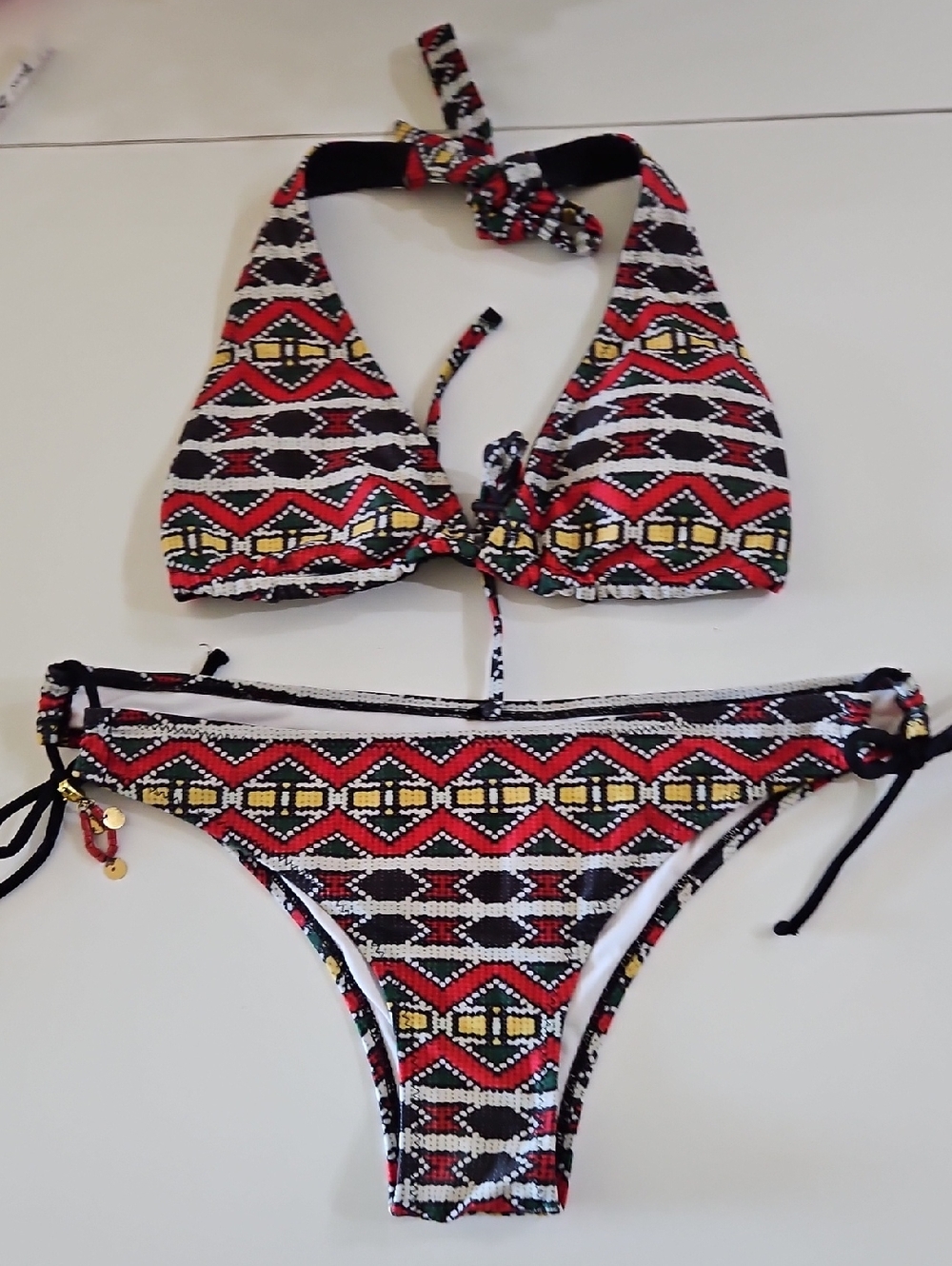 Red Black Yellow Geometric String Bikini